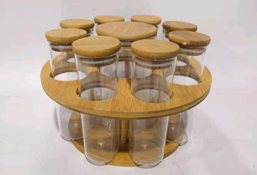 Glass Spice Jar Set with Bamboo Lids on Rotating Bamboo Stand