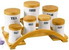8-Piece Labelled Ceramic Canister and Spice Set on Arched Bamboo Rack