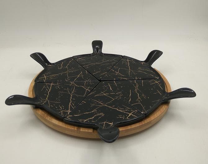 6-Slice Black Marble-Effect Ceramic Serving Plate Set with Servers on Round Bamboo Base