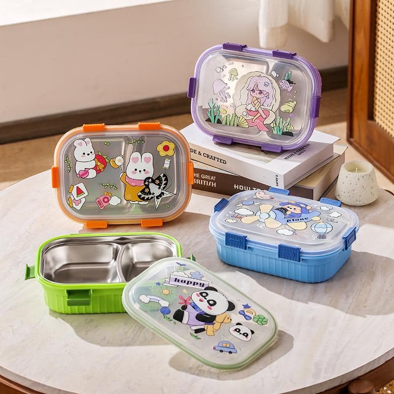 PP Plastic 3-Compartment Bento Lunch Box, 17.8 x 17.7 x 7 cm