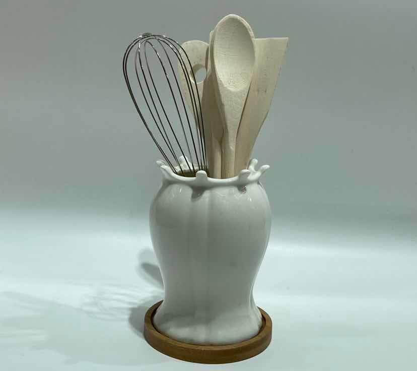 Fluted Ceramic Utensil Crock with Bamboo Base