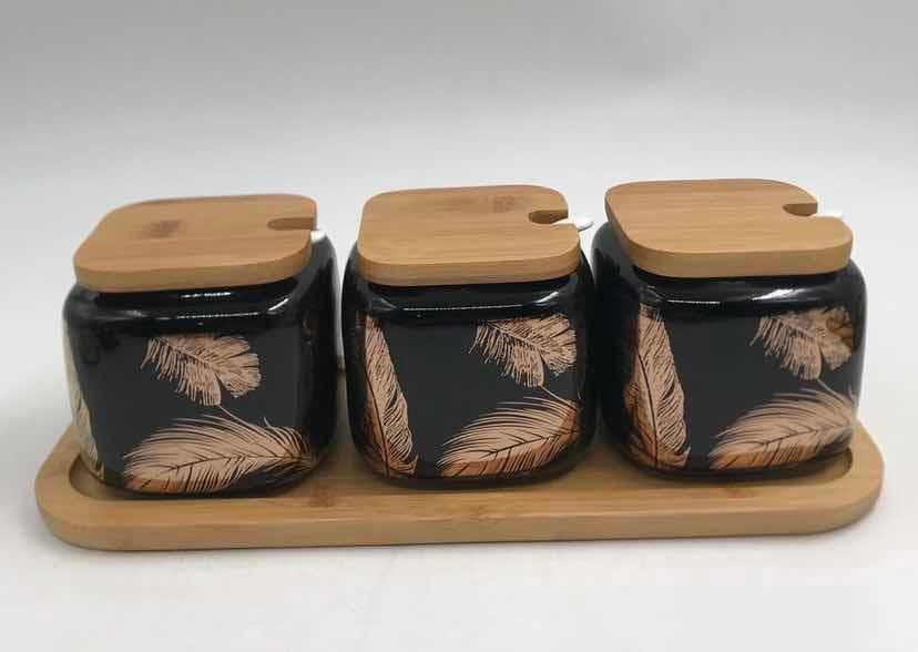 3-Piece Gold Feather Ceramic Condiment Jar Set with Bamboo Lids on Bamboo Tray, Black