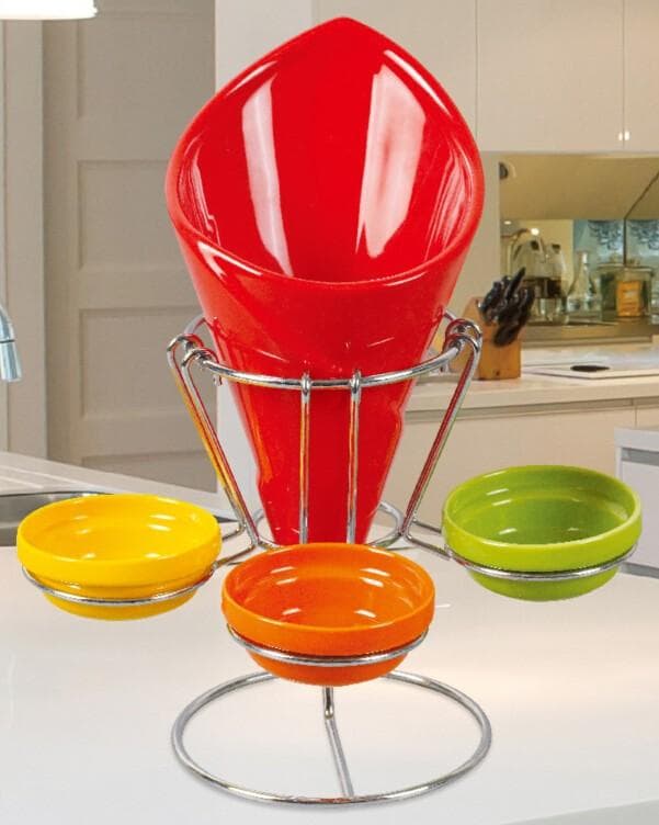 Coloured Ceramic Cone Serving Bowl with Four Dishes on Metal Stand