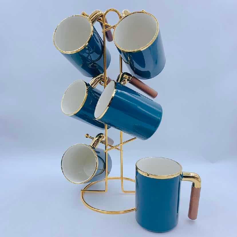 6-Piece Gold-Rimmed Ceramic Mug Set with Wooden Handles on Gold Metal Mug Tree, Dark Green