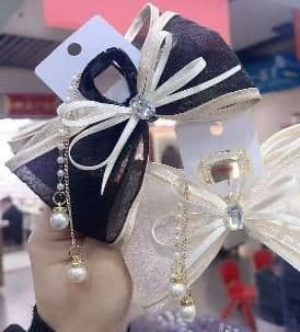 Ribbon and Organza Bow Claw Clip with Pearl Chain, Brown and Cream