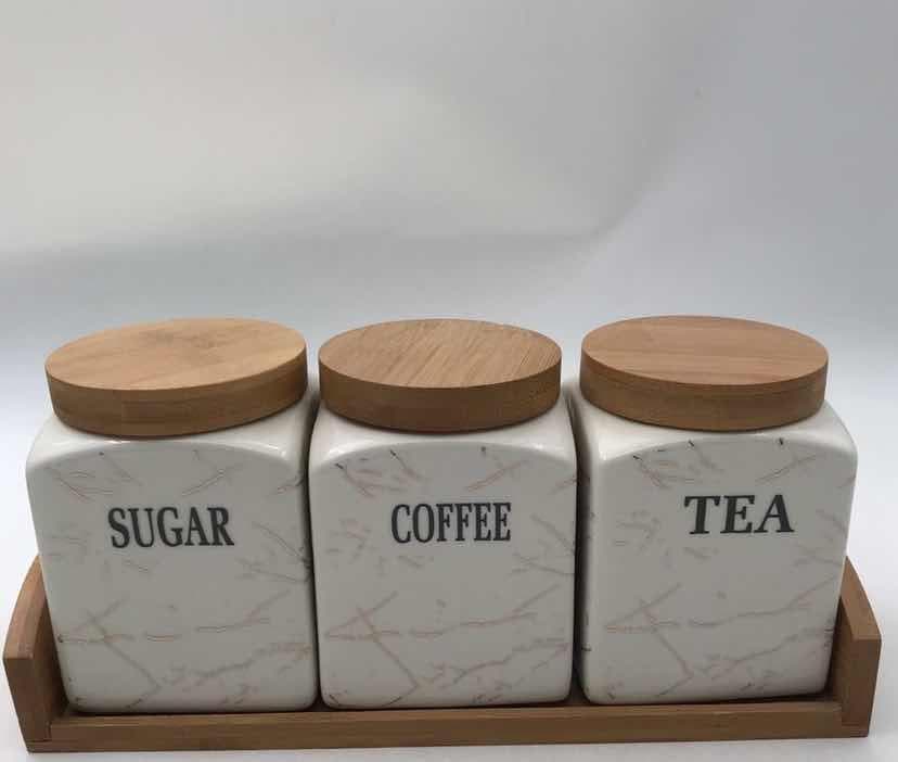 3-Piece Square Marble-Effect Ceramic Canister Set with Bamboo Lids on Bamboo Tray