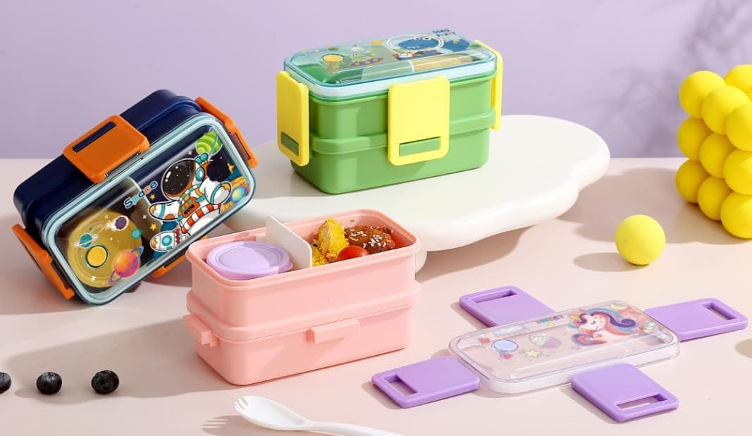 PP Plastic 3-Compartment Lunch Box, 19.7 x 14.5 x 6.3 cm, with Spoon and Fork 2