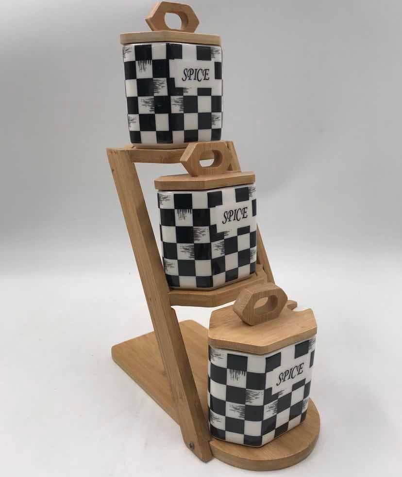 3-Piece Chequerboard Ceramic Spice Jar Set on Stepped Bamboo Stand