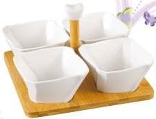 4-Piece Square Ceramic Dip Bowl Set on Bamboo Tray