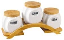 3-Piece Coffee, Sugar and Tea Ceramic Canister Set on Arched Bamboo Stand