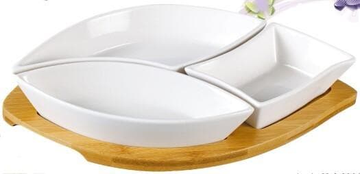 3-Piece Ceramic Serving Dish Set on Leaf-Shaped Bamboo Tray