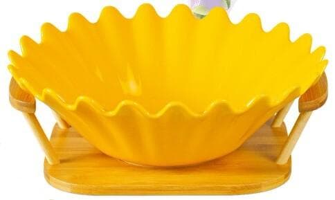 Scalloped Ceramic Fruit Bowl on Bamboo Stand, Large