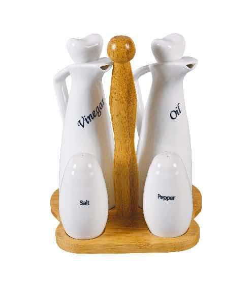Labelled Ceramic Oil, Vinegar, Salt and Pepper Set on Round Bamboo Stand