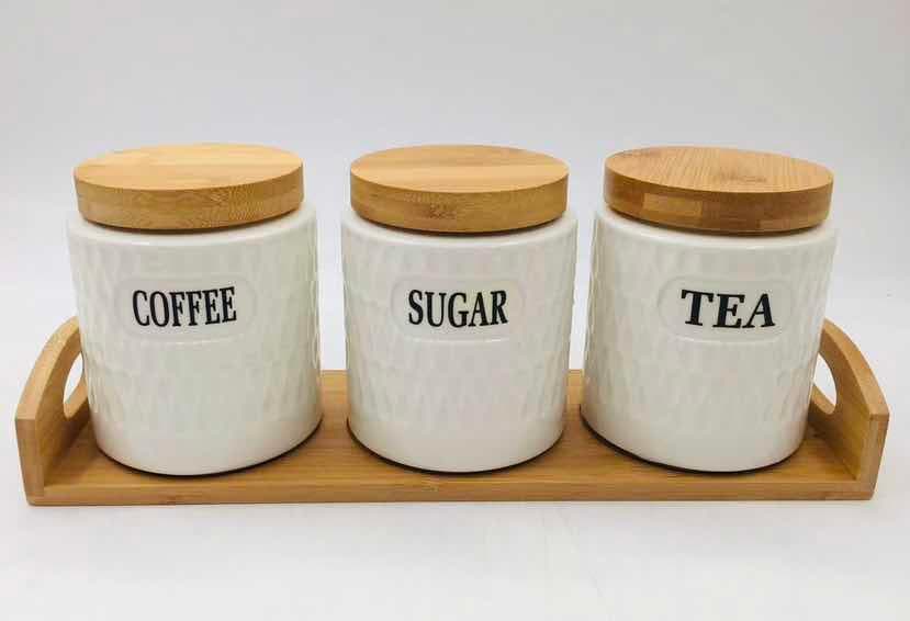 3-Piece Honeycomb Ceramic Canister Set with Thick Bamboo Lids on Bamboo Tray