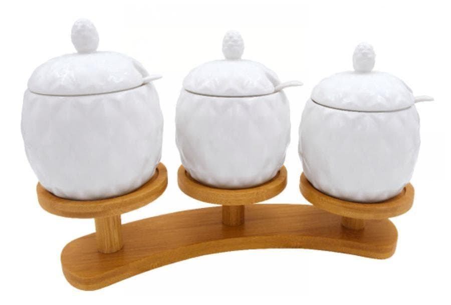 3-Piece Lidded Ceramic Spice Jar Set with Spoons on Curved Bamboo Stand