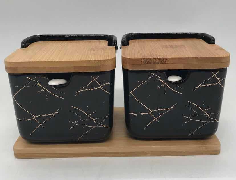 2-Piece Large Marble-Effect Ceramic Storage Jar Set with Bamboo Lids, Black