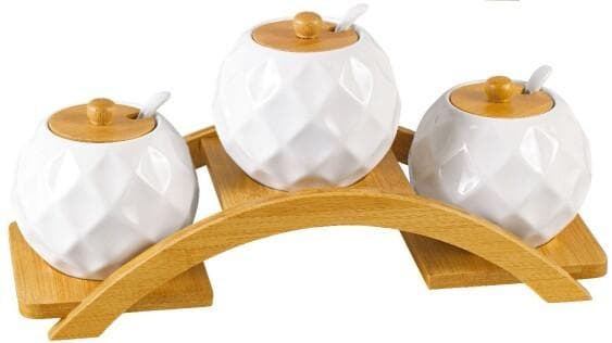 3-Piece Diamond-Textured Ceramic Spice Pot Set with Spoons on Arched Stand