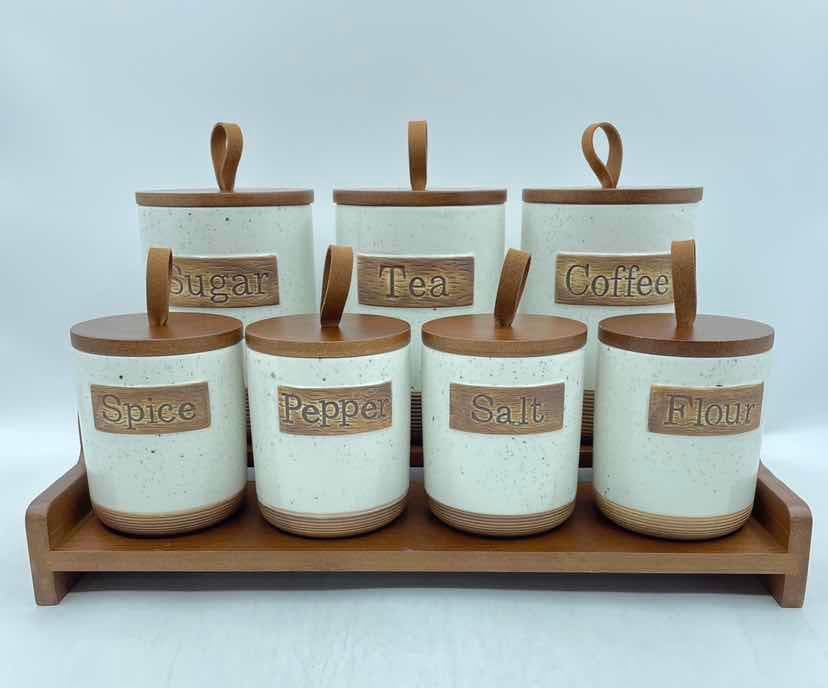 7-Piece Rustic Ceramic Canister and Spice Set with Wooden Lids on Bamboo Tray, White