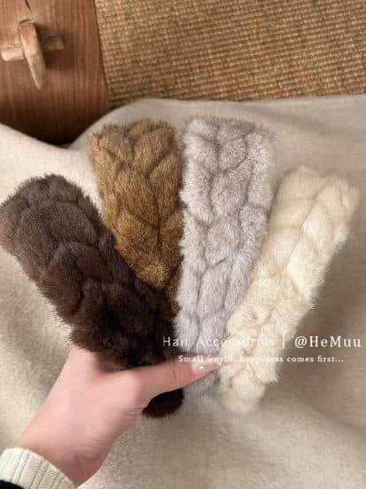 Faux Fur Braided Headband, Brown and Cream