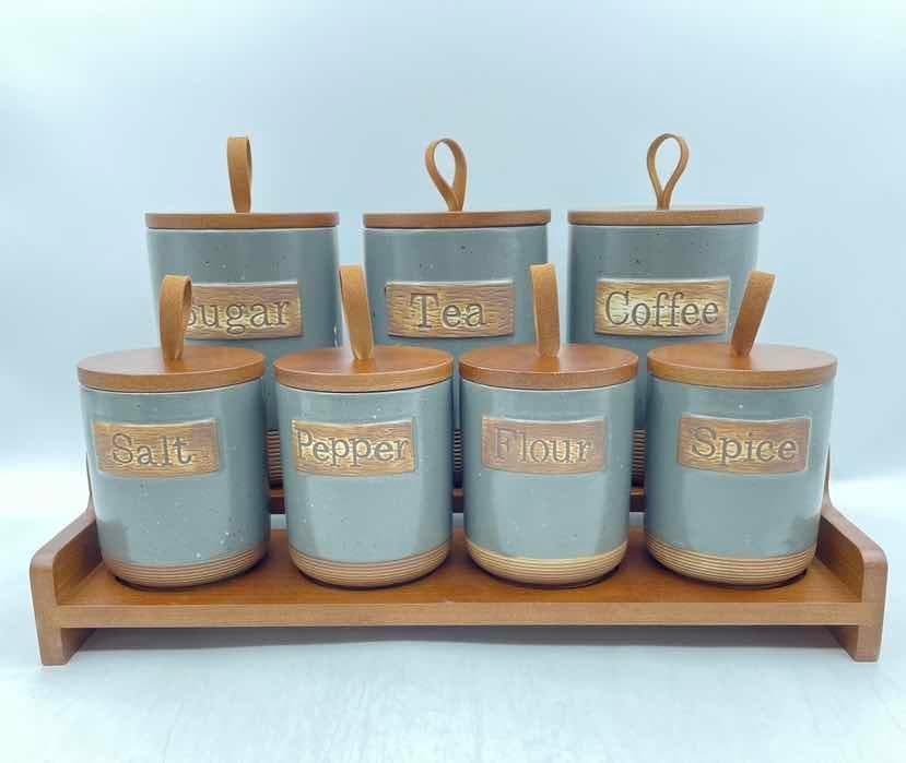 7-Piece Rustic Ceramic Canister and Spice Set with Wooden Lids on Bamboo Tray, Grey