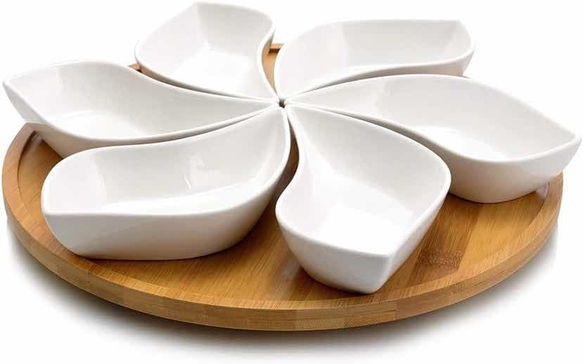 6-Section Petal Ceramic Serving Set on Round Bamboo Tray