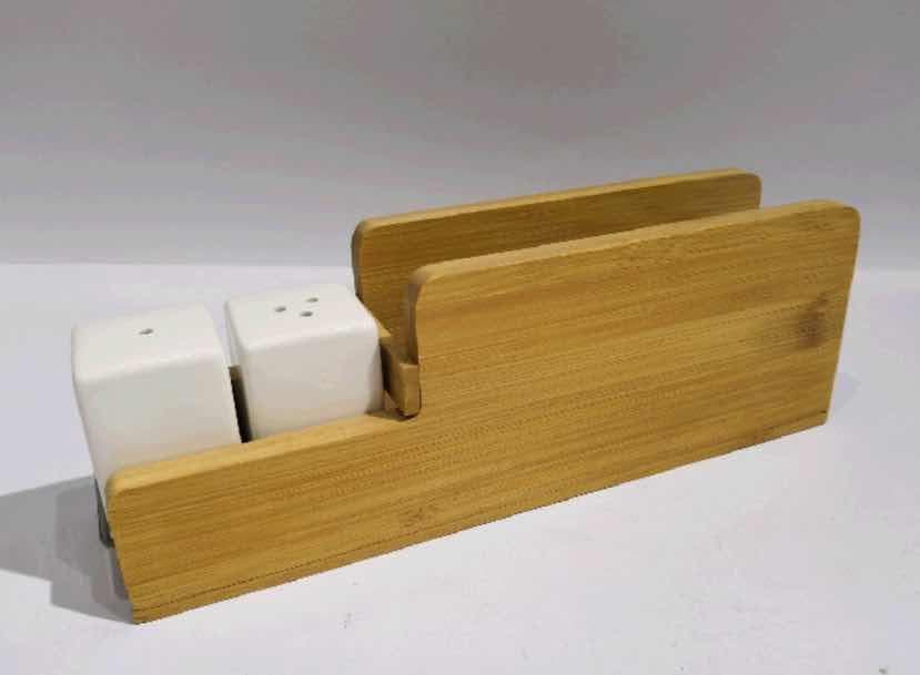 Ceramic Salt and Pepper Shaker Set with Bamboo Napkin Holder