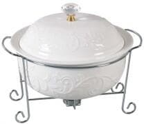 Embossed Ceramic Casserole with Lid on Metal Warmer Stand