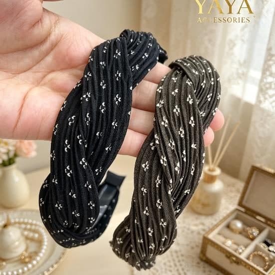 Braided Ditsy Floral Headband, Black