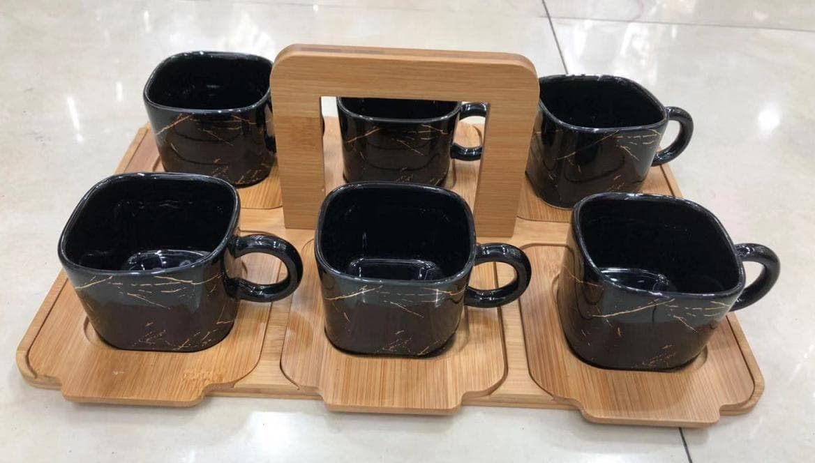 Black Marble-Effect Ceramic Mug Set with Bamboo Coasters and Tray