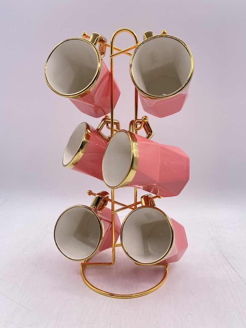 6-Piece Gold-Rimmed Hexagonal Ceramic Mug Set on Gold Metal Mug Tree, Pink