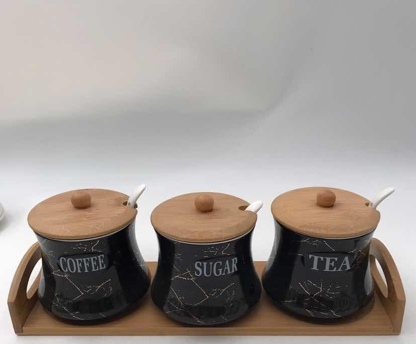 3-Piece Black Marble-Effect Ceramic Condiment Jar Set with Spoons on Bamboo Tray
