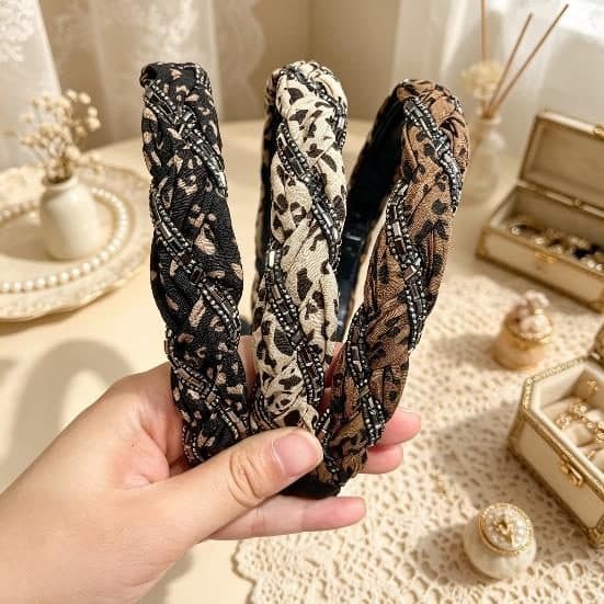 Braided Leopard and Floral Headband, Brown
