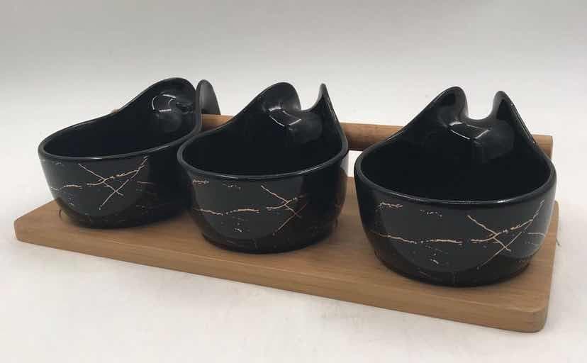 3-Piece Black Marble-Effect Teardrop Ceramic Bowl Set on Bamboo Tray