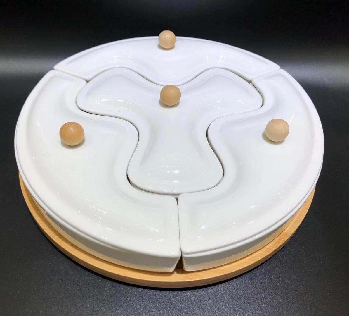 4-Section Ceramic Serving Set with Bamboo Lids on Round Bamboo Base