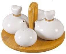 Rounded Ceramic Oil, Vinegar and Shaker Set on Bamboo Stand with Handle