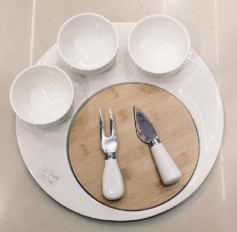 Round Ceramic Cheese Serving Board with Three Bowls and Two Knives