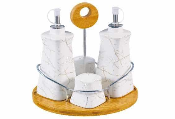 Marble-Effect Ceramic Cruet Set with Faceted Oil Bottles and Shakers on Bamboo Stand