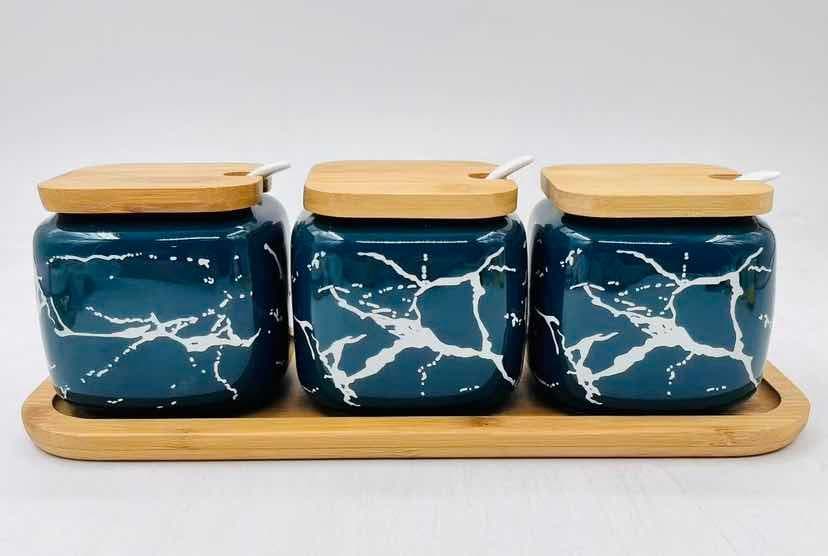 3-Piece Marble-Effect Ceramic Condiment Jar Set with Bamboo Lids and Spoons, Dark Green