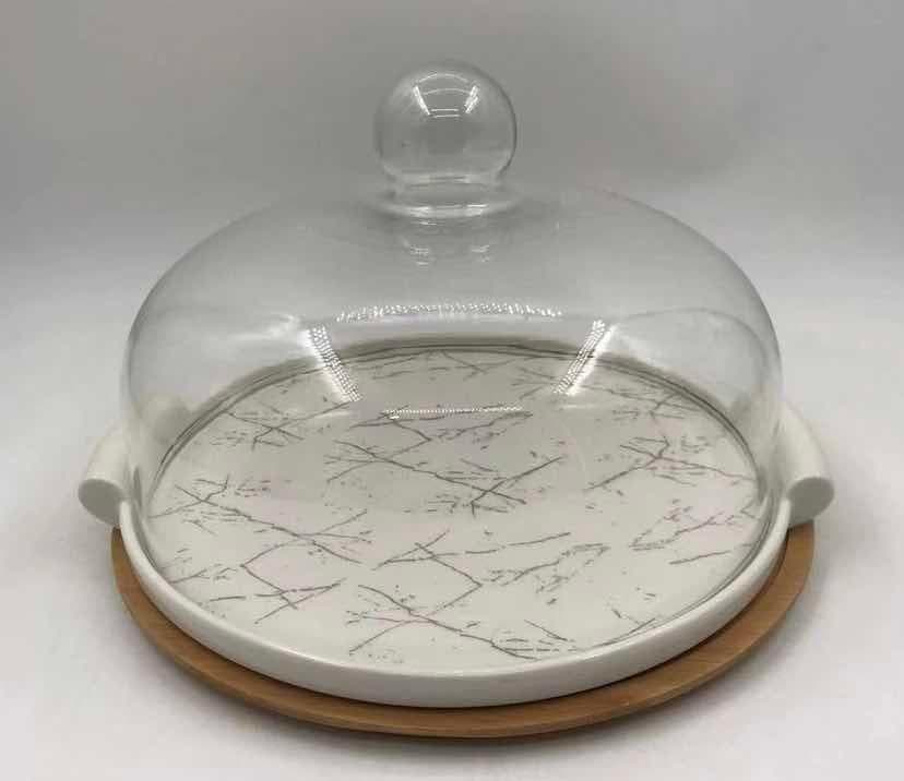 Marble-Effect Ceramic Cake Plate with Glass Dome on Bamboo Base, 10.5 inch