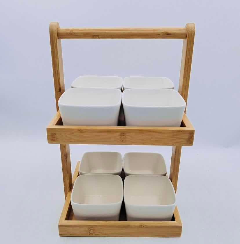 8-Piece Square Ceramic Bowl Set on Two-Tier Bamboo Stand