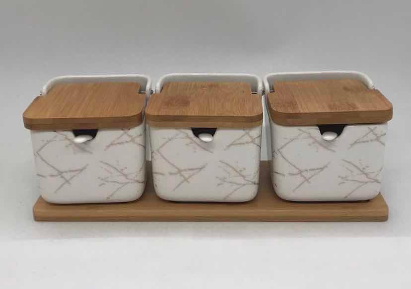 3-Piece Large Marble-Effect Ceramic Storage Jar Set with Bamboo Lids, White