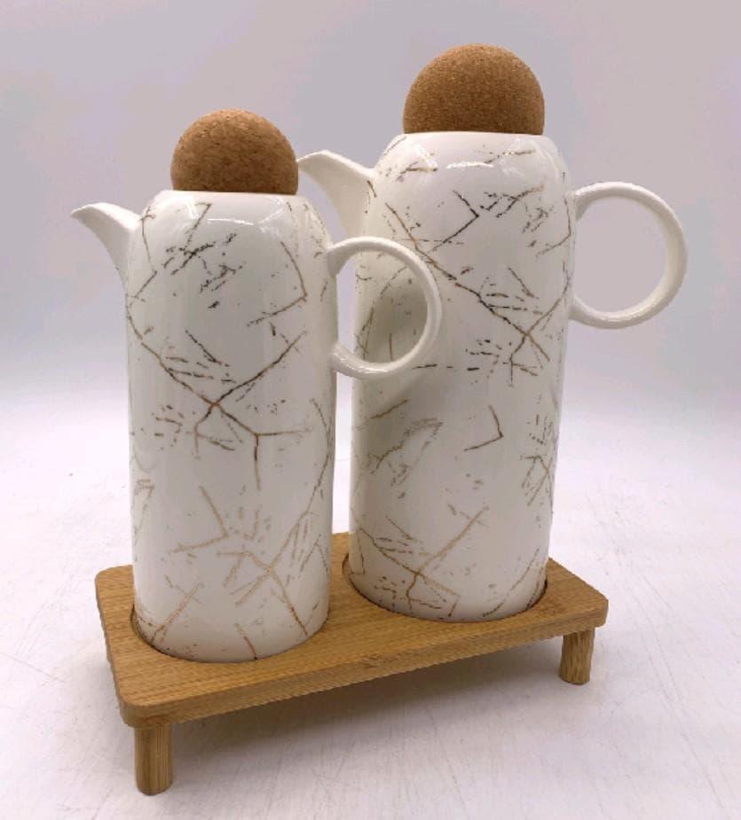 Marble-Effect Ceramic Oil and Vinegar Pourer Set with Cork Stoppers on Bamboo Stand