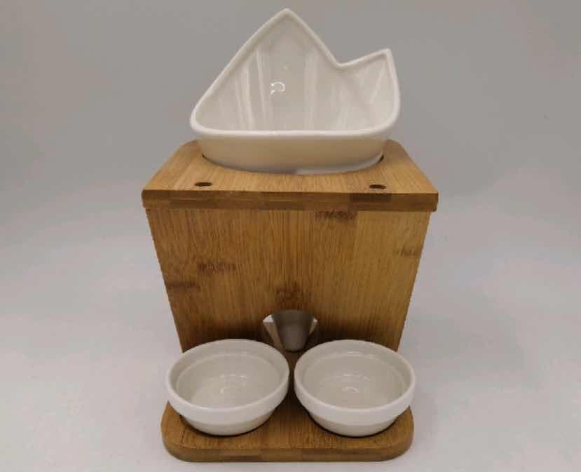 Bamboo Napkin Holder with Ceramic Cradle and Two Dip Bowls