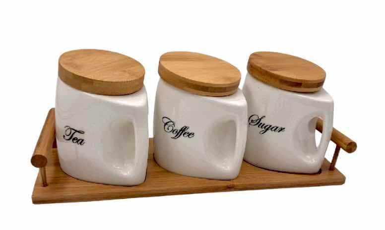 3-Piece Ceramic Canister Set with Bamboo Lids and Side Handles on Bamboo Tray