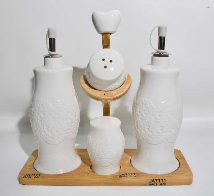 Embossed Ceramic Oil, Vinegar and Shaker Set on Bamboo Stand