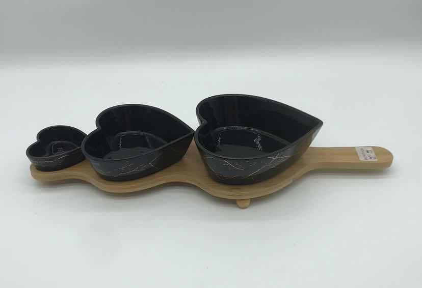 3-Piece Black Marble-Effect Teardrop Ceramic Dip Bowl Set on Bamboo Paddle Board