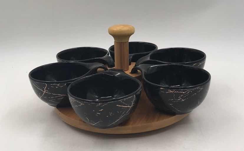 6-Piece Black Marble-Effect Ceramic Bowl Set on Rotating Bamboo Base with Handle