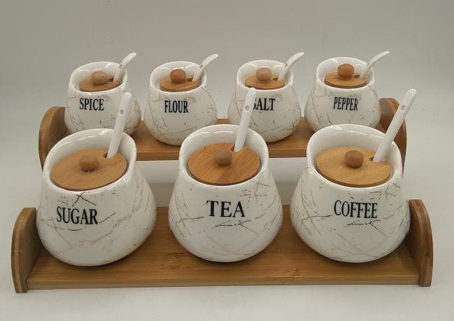 7-Piece Marble-Effect Ceramic Condiment Jar Set with Spoons on Two-Tier Bamboo Stand