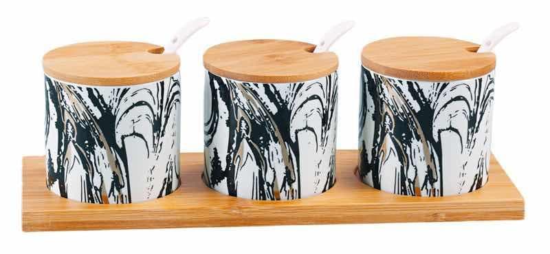 3-Piece Round Ink-Swirl Ceramic Condiment Jar Set with Bamboo Lids and Spoons