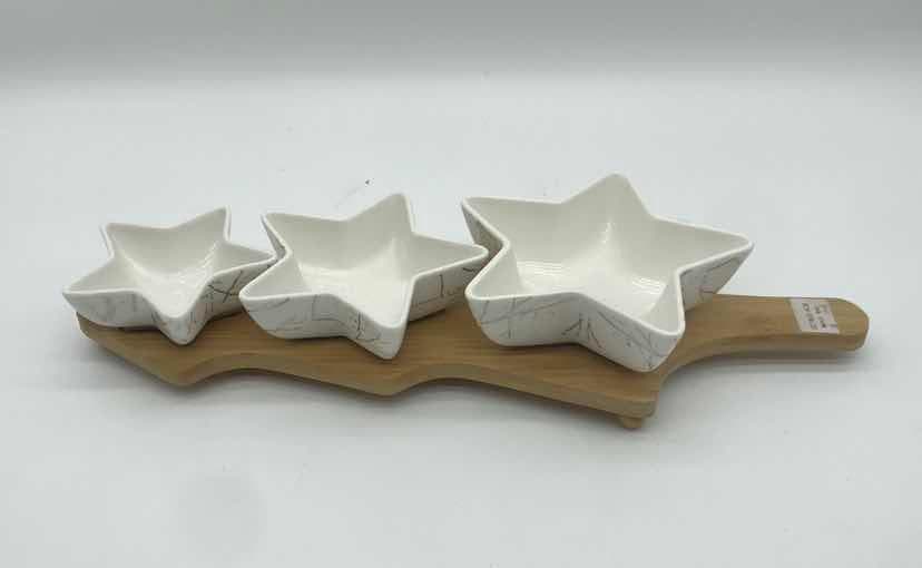 3-Piece Star-Shaped Marble-Effect Ceramic Dip Bowl Set on Bamboo Paddle Board